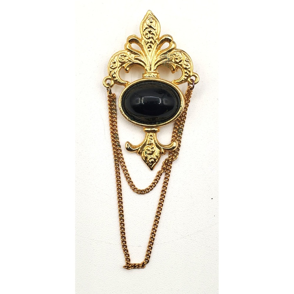 Vintage Bergere Fleur De Lis Brooch Black Cabochon Gold Tone Dangle Chain Pin